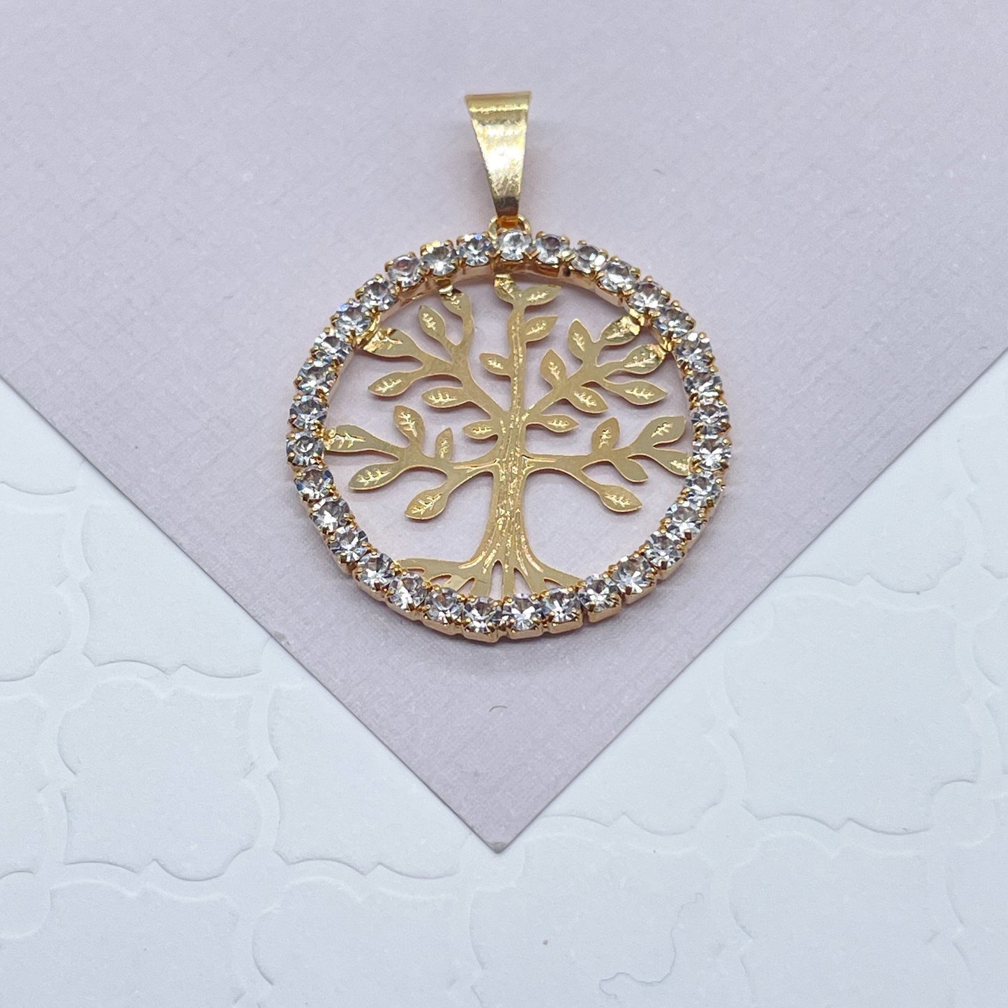 18k Gold Layered Tree of Life Round Cubic Zirconia Medallion Pendant Charm