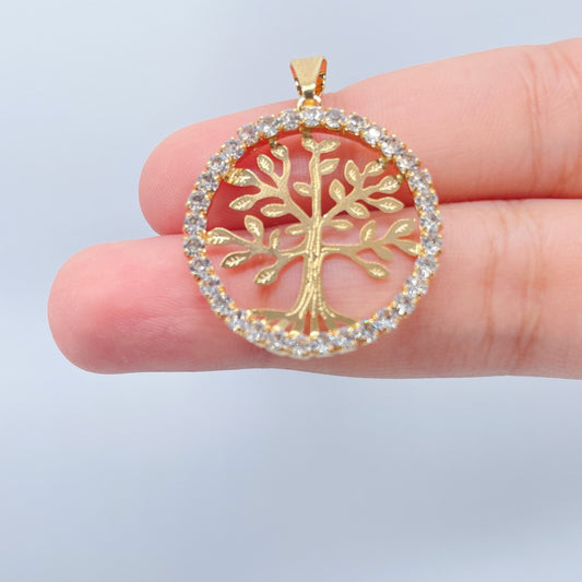 18k Gold Layered Tree of Life Round Cubic Zirconia Medallion Pendant Charm