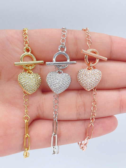 18k Gold Layered Paper Clip Chain Featuring Puffy Heart Full Pave Cubic