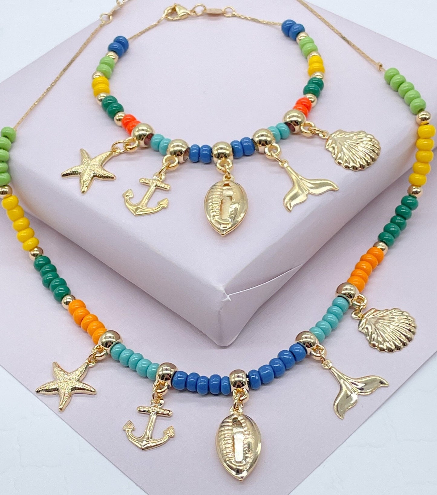 18k Gold Layered Colorful Beads Sea Inspired Charm Set Bracelet n Necklace Marine
