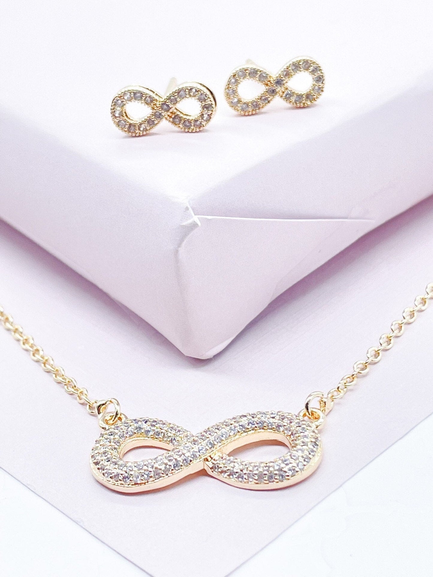 18k Gold Layered Puffy Infinity Set In Micro Pave Cubic Zirconia Necklace and