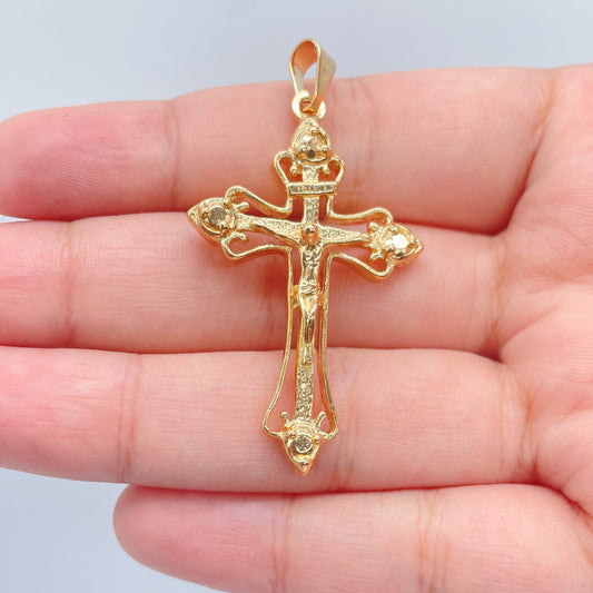 18k Gold Layered 1.7” Crucifix Cross Pendant Charm with Christ Image, Religious