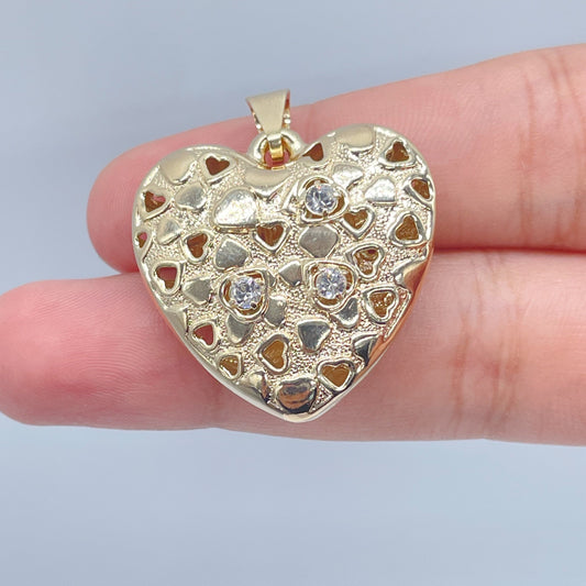 Double Sided 18k Gold Layered Puffy Heart Pendant Charm Featuring Multicolor CZ