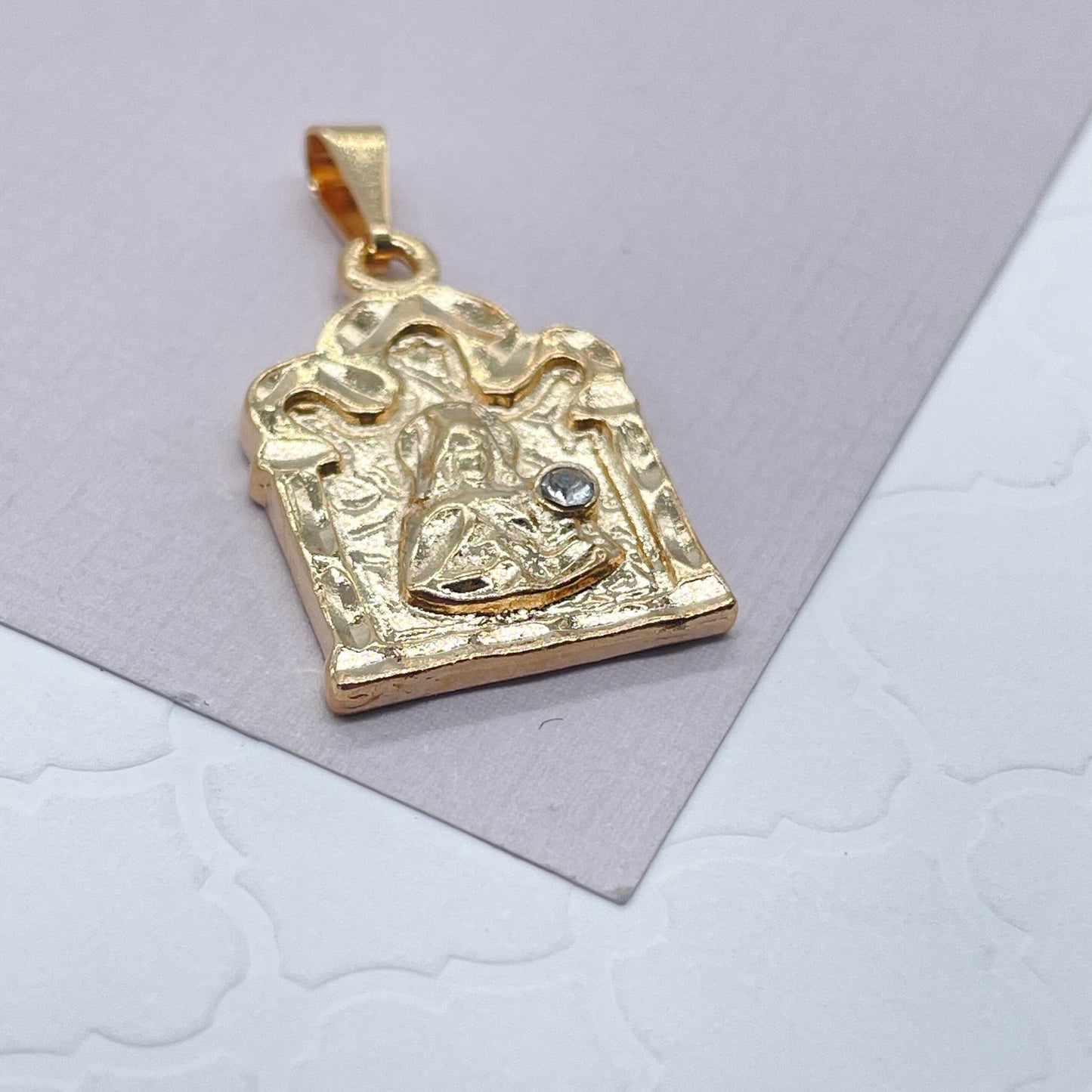 18k Gold Layered Santa Barbara Pentagon Shape Pendant Charm Featuring Solitaire