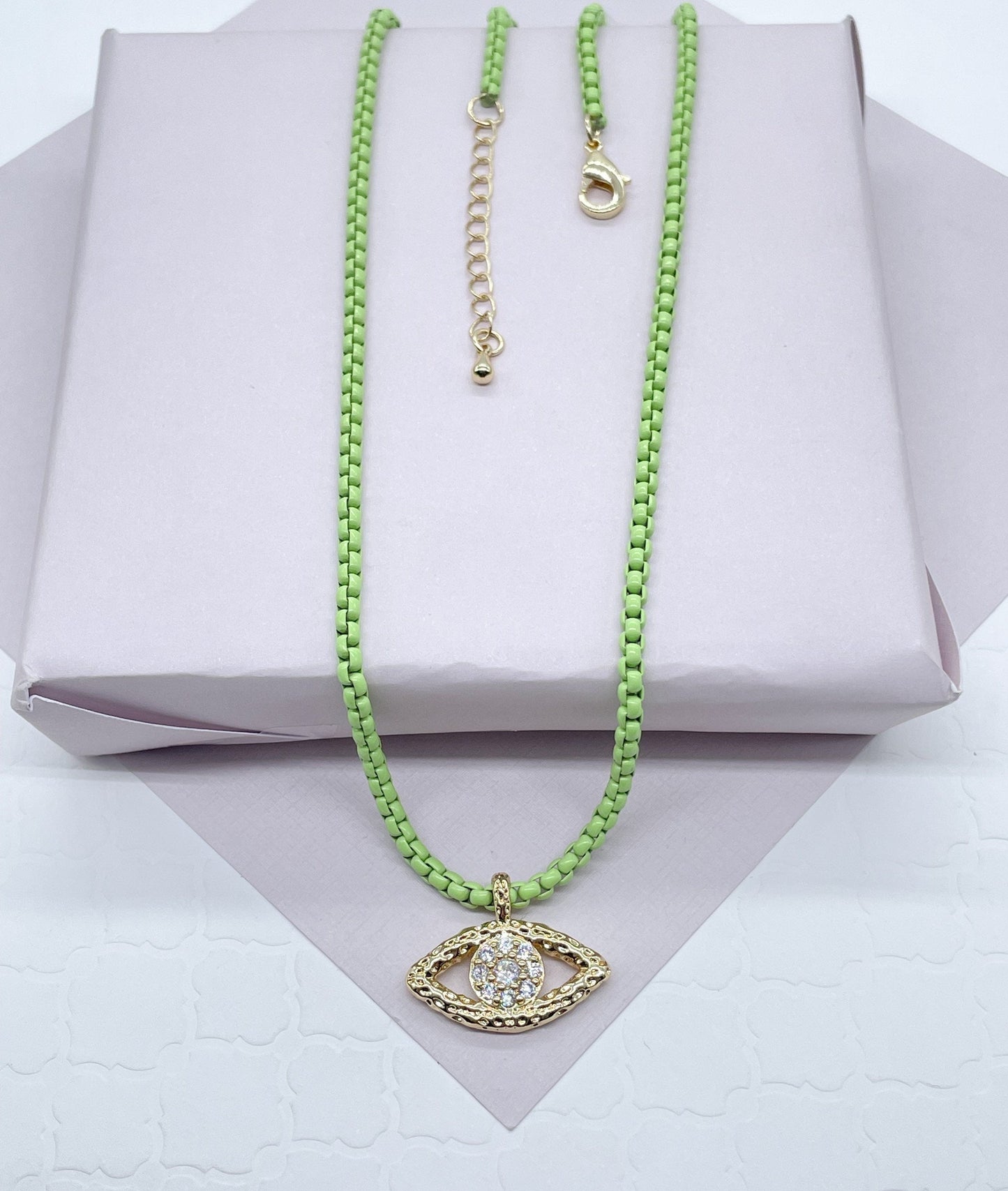 18k Gold Layered Colorful Enamel Box Chain Featuring Cubic Zirconia Evil Eye