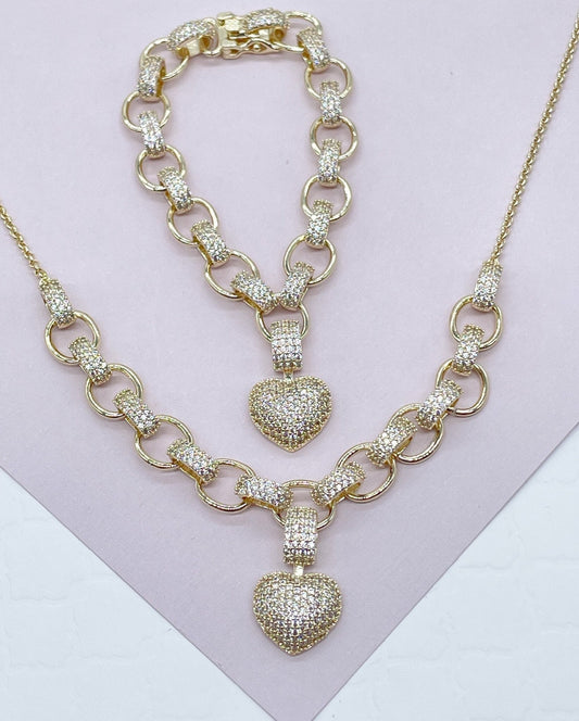 18k Gold Layered Puffy Heart Set of Bracelet Necklace In Micro Pave Cubic
