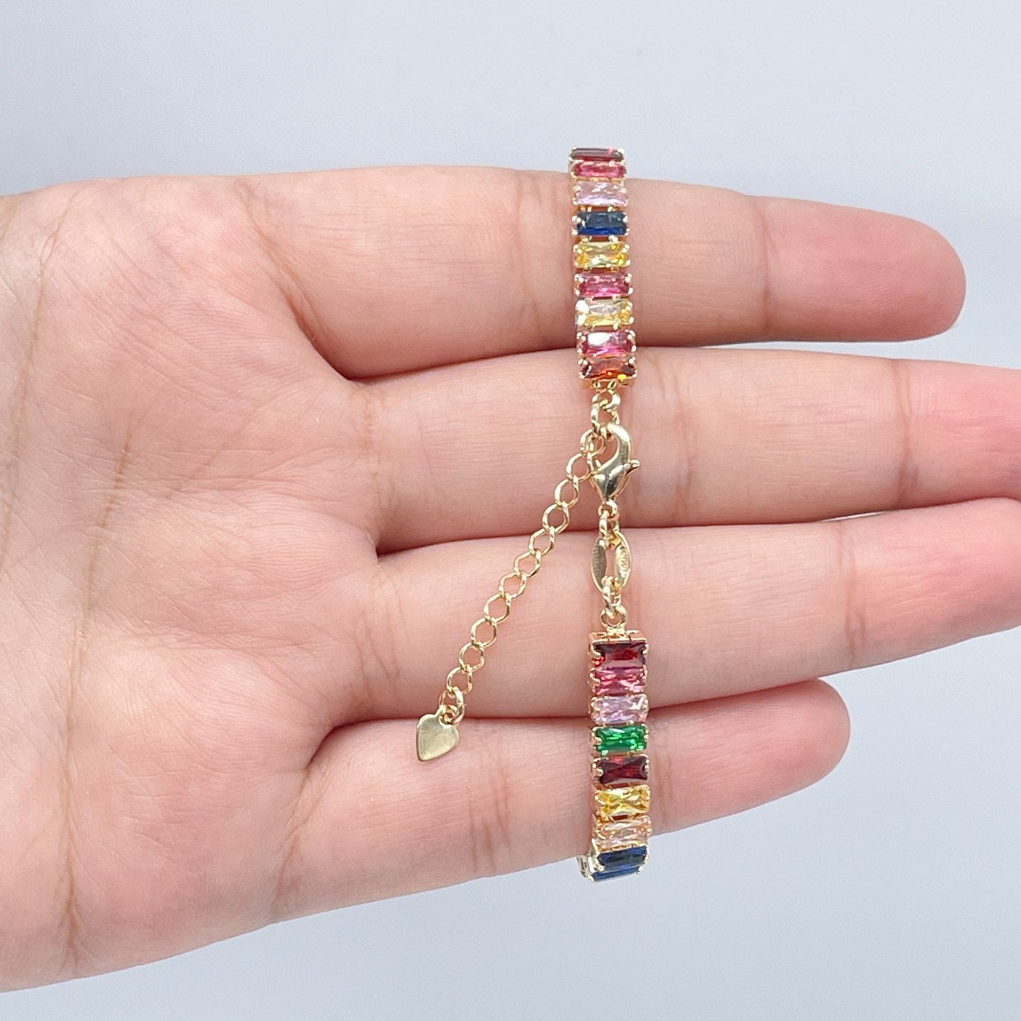 18k Gold Layered Anklet Featuring Colorful Baguette Cubic Zirconia