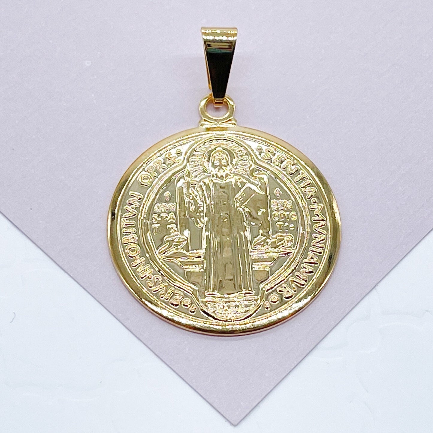 18k Gold Layered 20mm San Benito Round Medal Charm Wholesale Dainty Gold Saint
