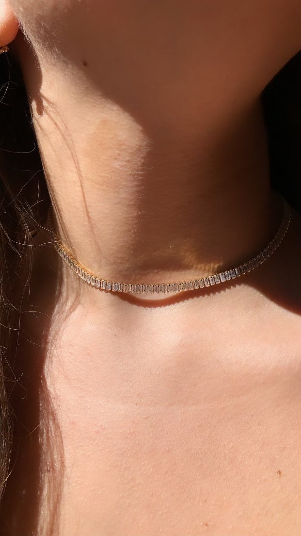 Gorgeous 18k Gold Layered Baguette Cubic Zirconia Set Choker Necklace and