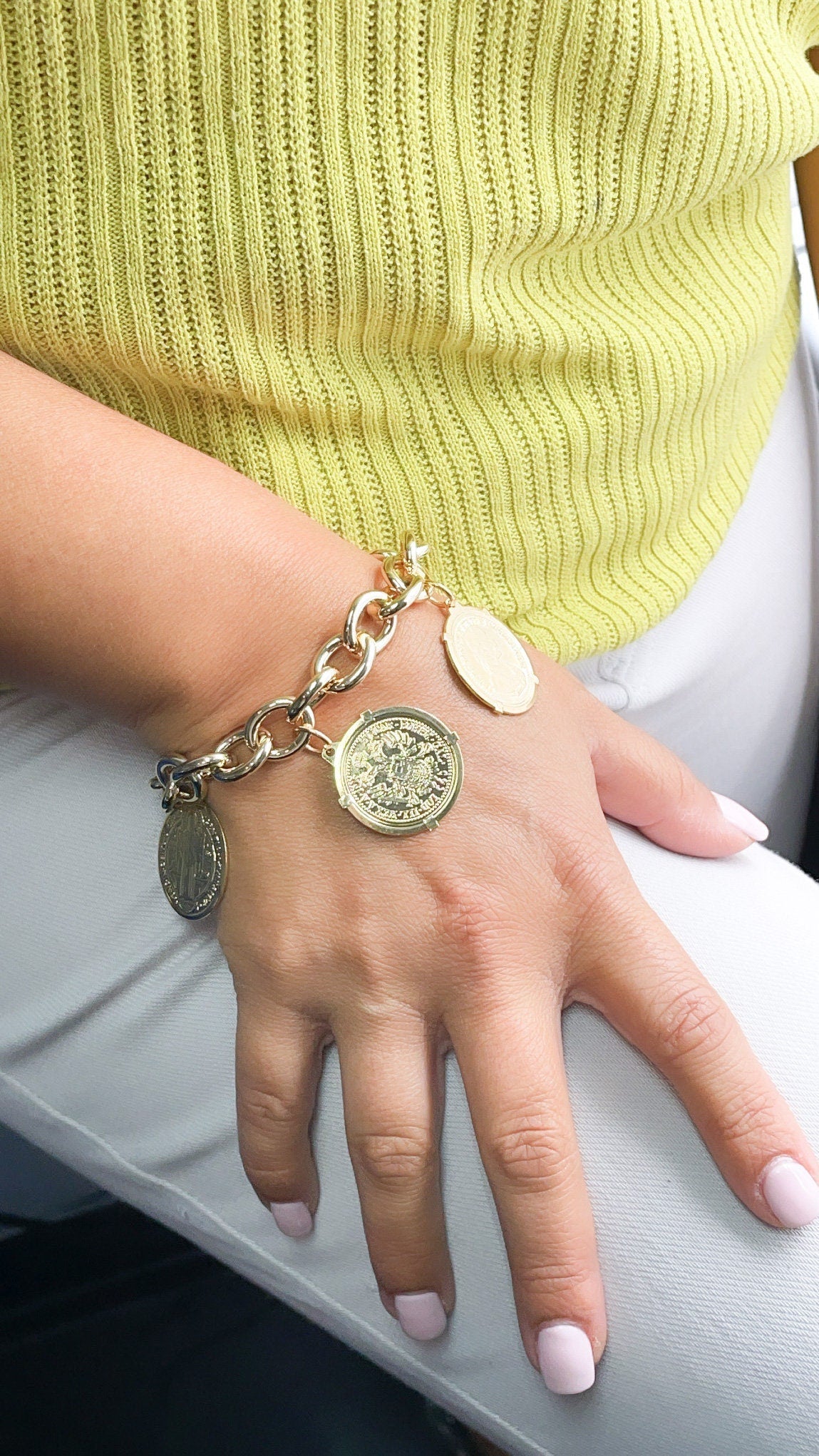 Chunky 18k Gold Layered Coin Money Medallion Charm Bracelet Coin Pendants Lucky