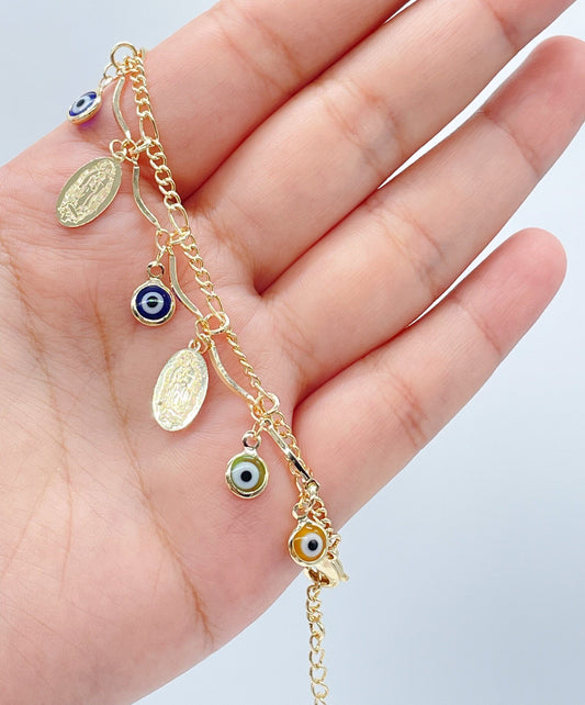 18k Gold Layered Guadalupe and Evil Eye Charm Bracelet, Lady of Guadalupe Pendant