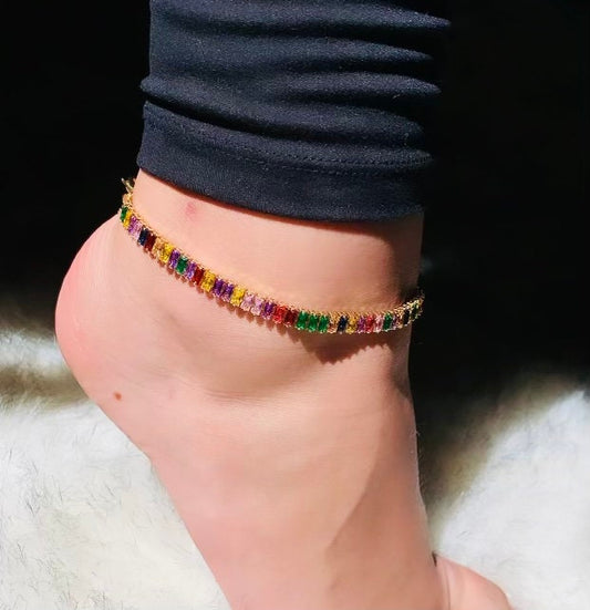 18k Gold Layered Anklet Featuring Colorful Baguette Cubic Zirconia