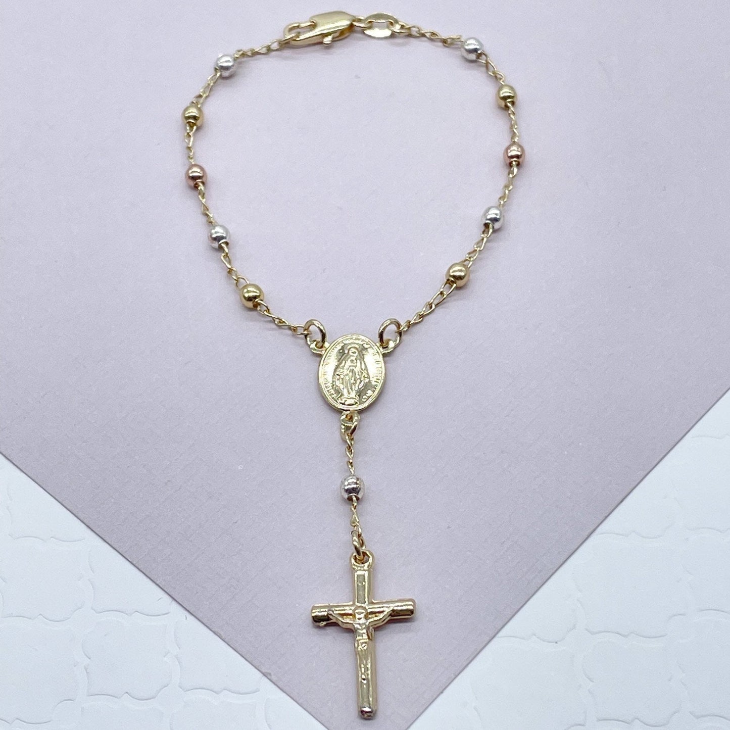 18k Gold Layered Tri Color Rosary Bracelet with Miraculous Coin Medal Lady Of
