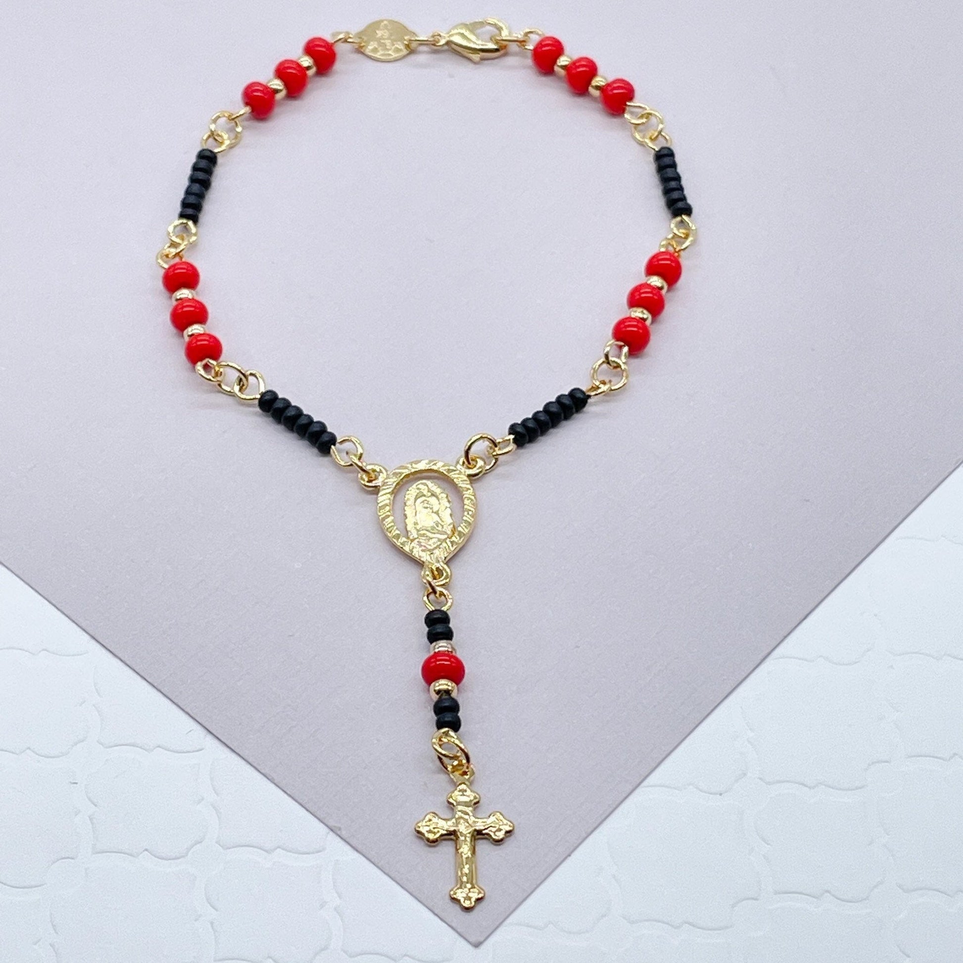 18k Gold Filled Protection Beaded Rosary Bracelet Featuring Our Lady of Guadalupe With Crucifix Cross
