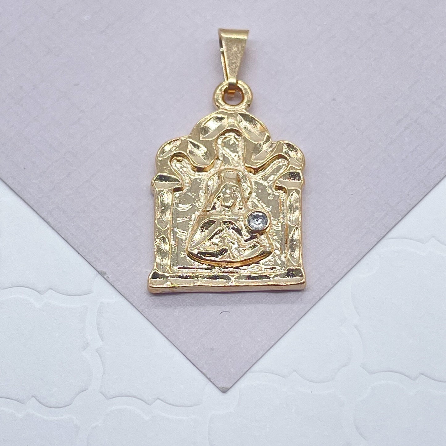 18k Gold Layered Santa Barbara Pentagon Shape Pendant Charm Featuring Solitaire