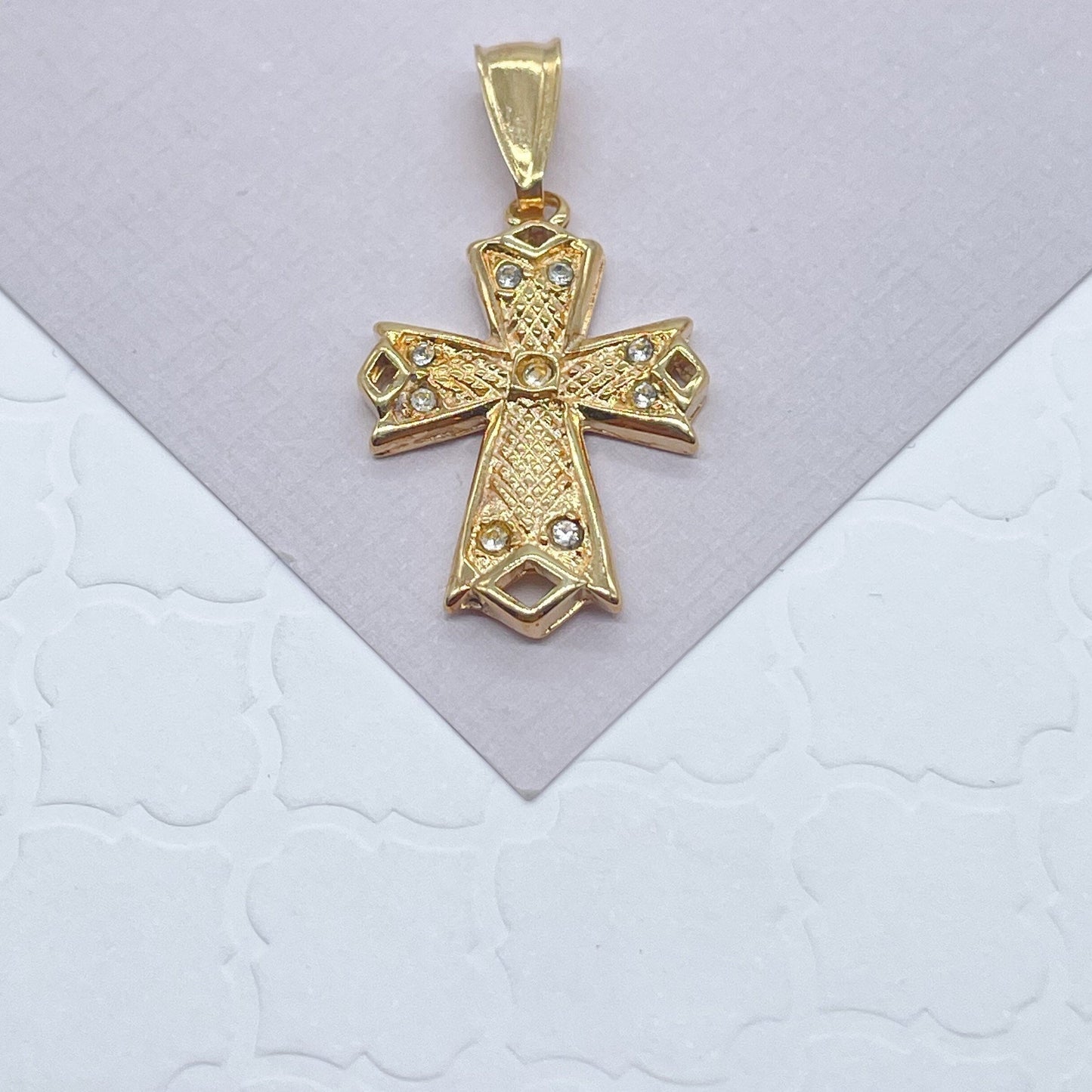 18k Gold Layered 1” Length Cross Pendant Charm with Cubic Zirconia, Religious