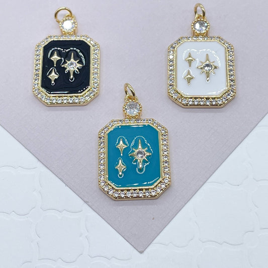 18k Gold Layered Square Colorful Enamel Three Stars Charm