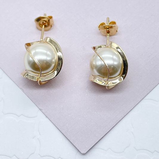 18k Gold Layered Pearl Stud Wrapped In Gold Thread 12 mm Size, Simulated Pearl,