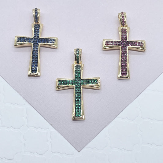 18k Gold Layered Colorful Cubic Zirconia Cross Pendant Charm, Religious Charm,