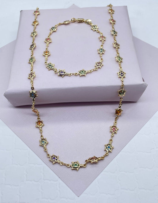 18k Gold Layered Colorful Baby Turtle Jewelry Set