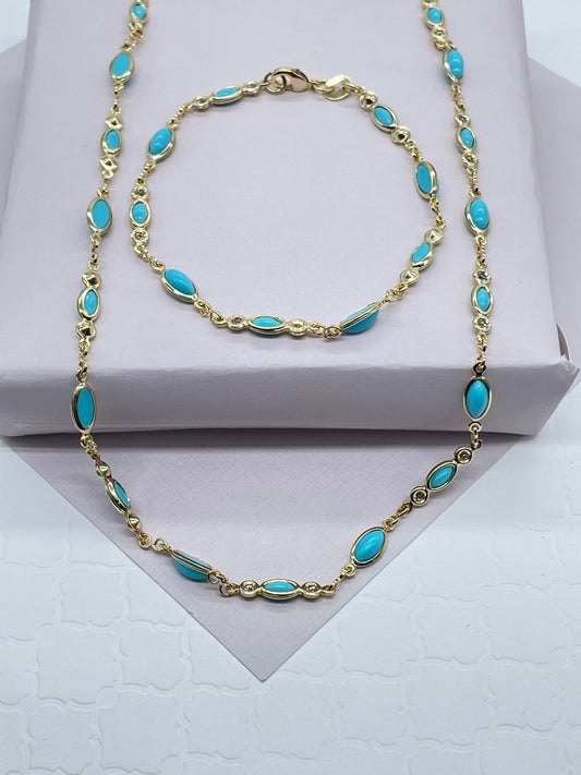 18k Gold Layered Jewelry Set With Cubic Zirconia and Simulated Turquoise Blue