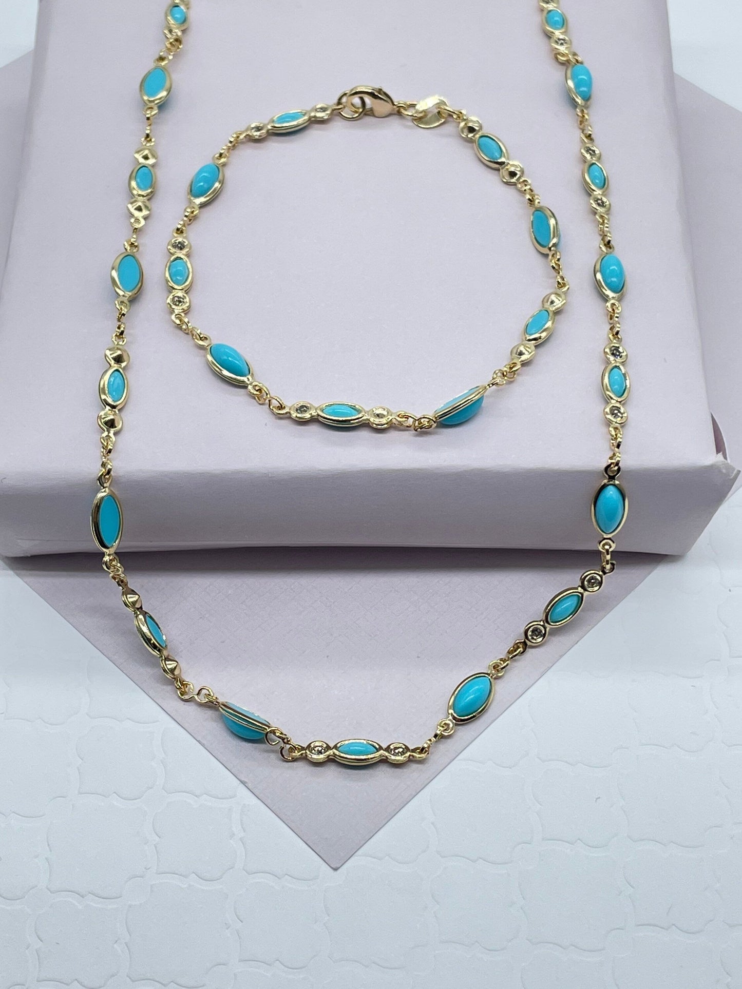 18k Gold Filled Jewelry Set With Cubic Zirconia and Simulated Turquoise Blue