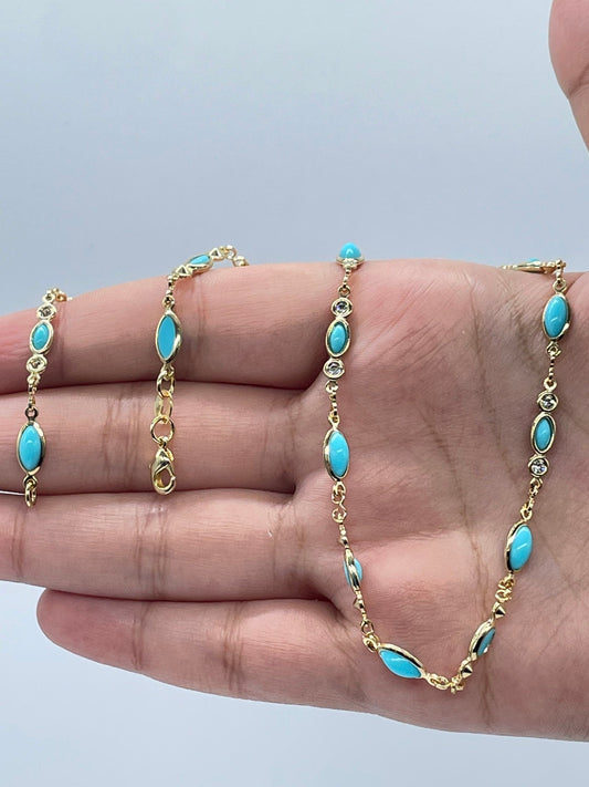 18k Gold Layered Jewelry Set With Cubic Zirconia and Simulated Turquoise Blue