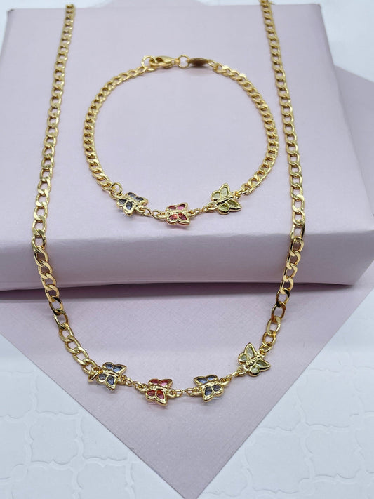 18k Gold Filled Colorful Translucent Jewlery Set With 18” Butterfly Necklace &
