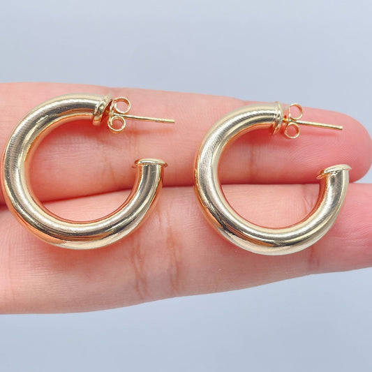 Thick 18k Gold Layered Plain 5mm Chunky 3/4 Hoop Earrings Push Back Closing For