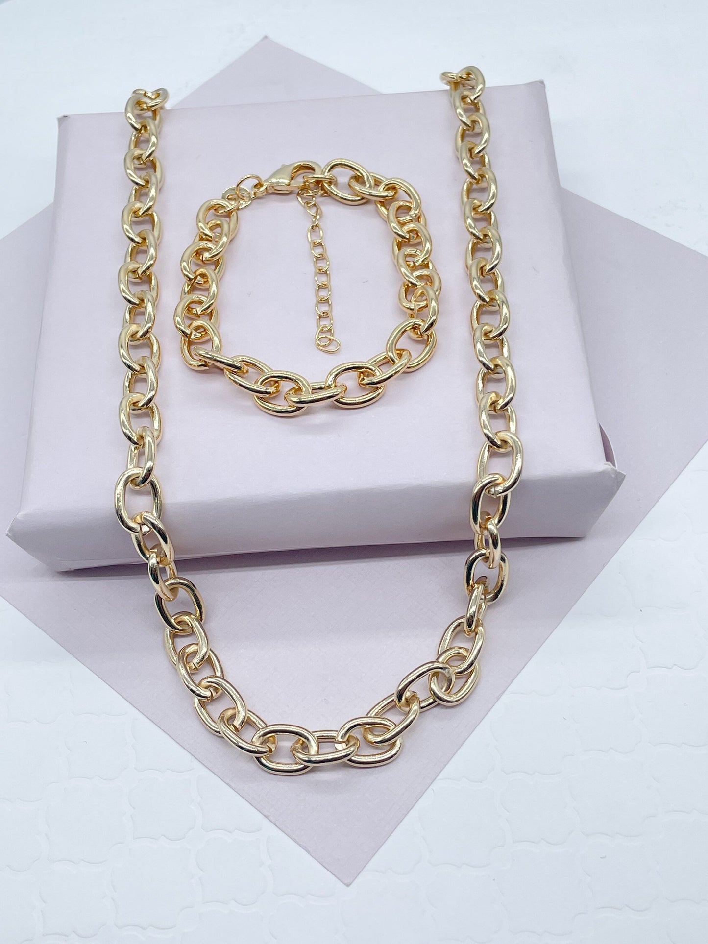 18k Gold Filled Chunky "but Light" Link Necklace Bracelet Set With Extenders, Gift  Her Jewelry
