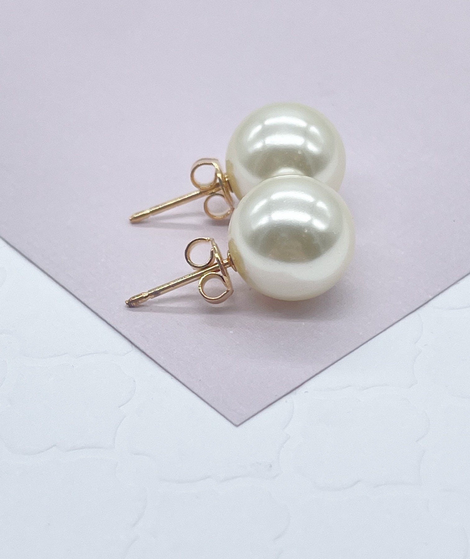 18k Gold Filled Plain Simulated Pearl Stud Earrings Available In Sizes 8mm, 10mm, 12mm And Jewelry Making Supplies