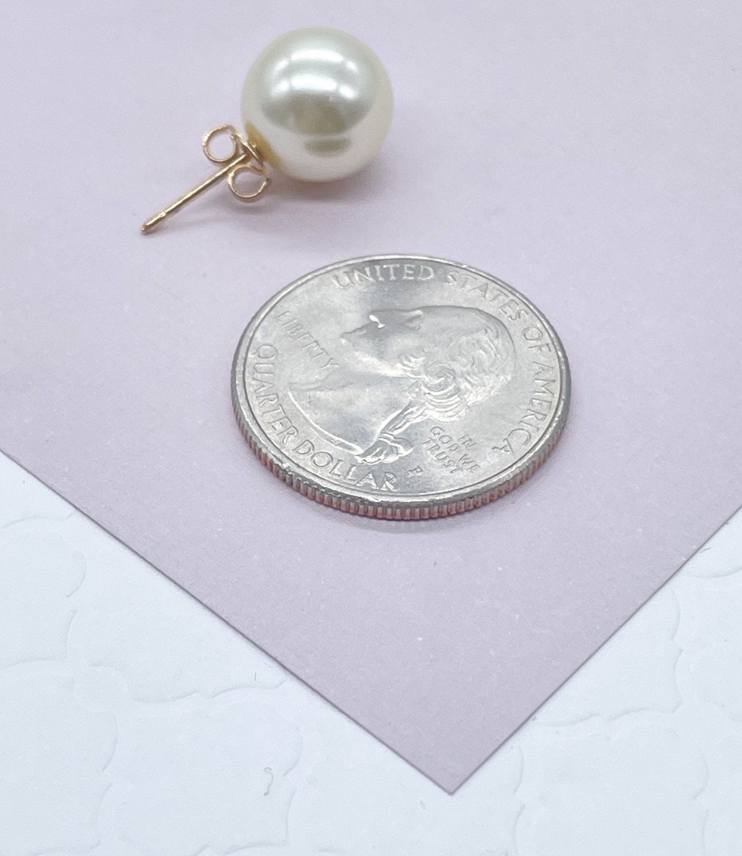 18k Gold Filled Plain Simulated Pearl Stud Earrings Available In Sizes 8mm, 10mm, 12mm And Jewelry Making Supplies