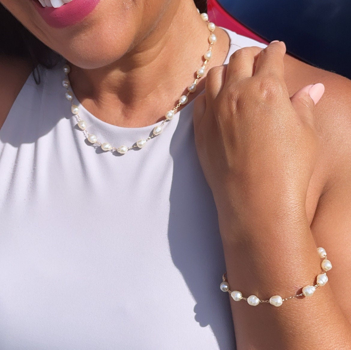Elegant 18k Gold Layered Simulated Pearl Jewelry Set, Cream Pearl Bracelet