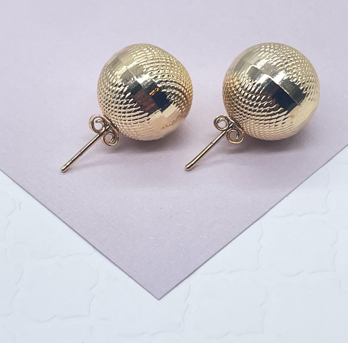 18k Gold Layered Diamond-Cut Cross Pattern Ball Stud Earrings Available Sizes