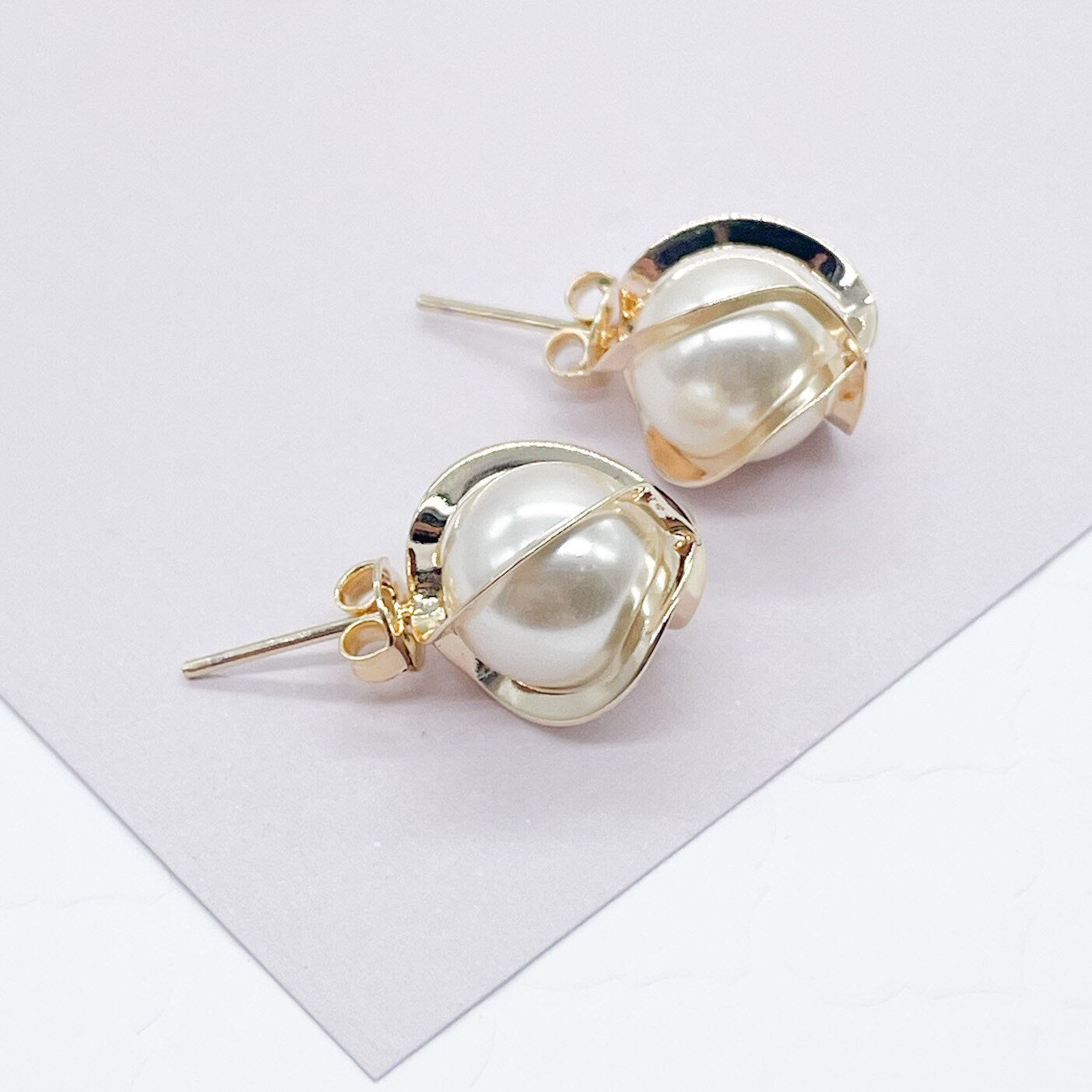 18k Gold Layered Pearl Stud Wrapped In Gold Thread 12 mm Size, Simulated Pearl,