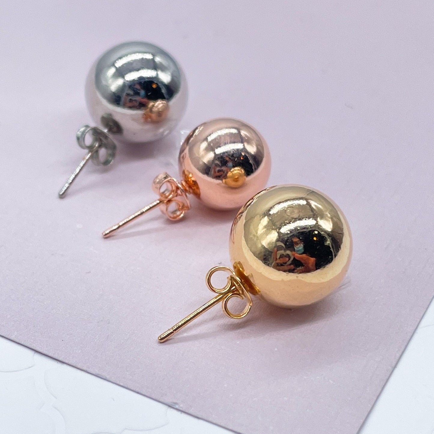 18k Gold Layered 14mm Ball Stud Earrings Available in Gold, Rose Gold and