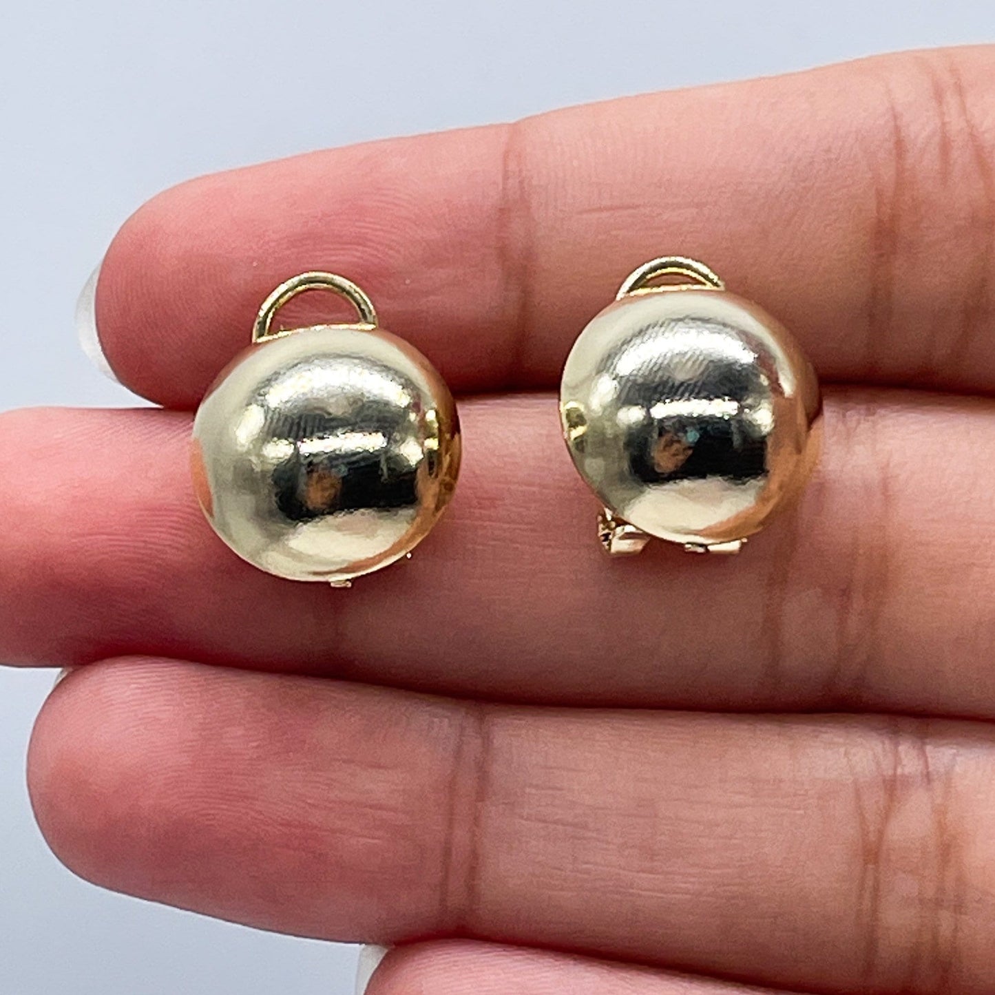 18k Gold Layered Concave Round Stud Earrings With Safe Post And Clip, Half Ball
