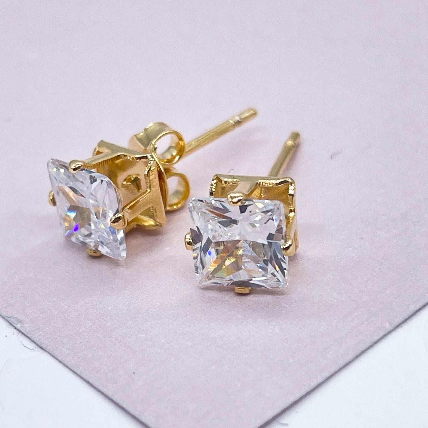 18k Gold Layered 6mm Cubic Zirconia Square Stud Earrings, Princess Cut Square