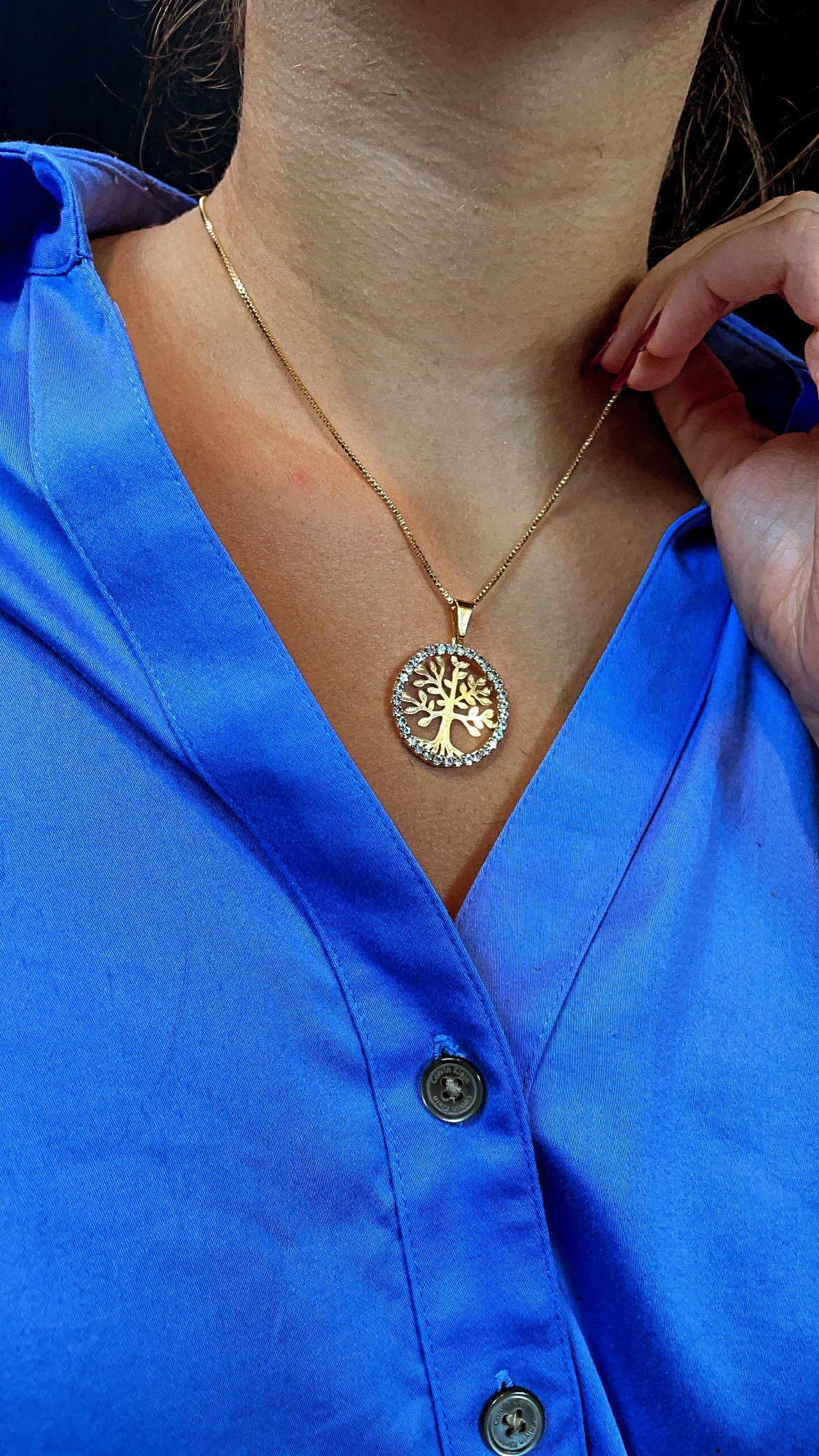 18k Gold Layered Tree of Life Round Cubic Zirconia Medallion Pendant Charm