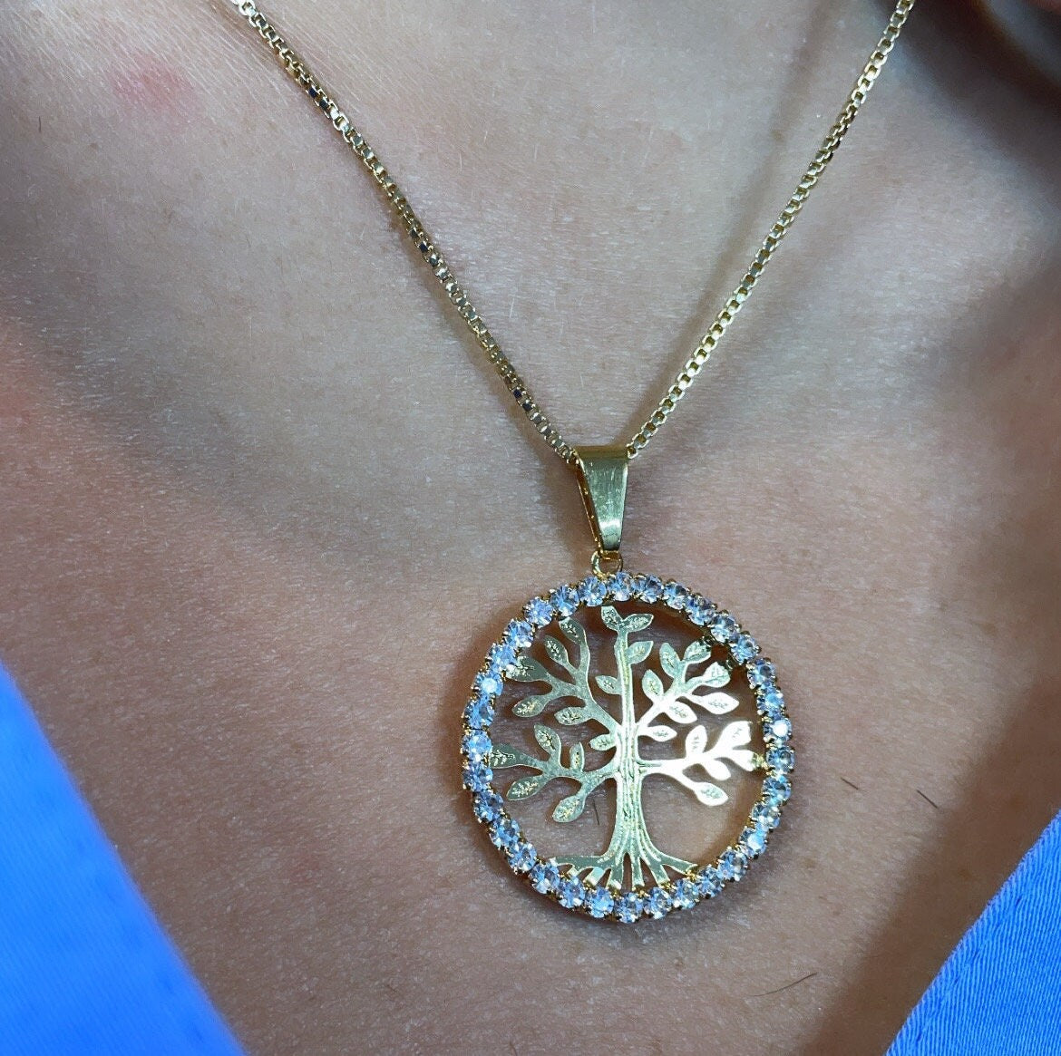 18k Gold Layered Tree of Life Round Cubic Zirconia Medallion Pendant Charm