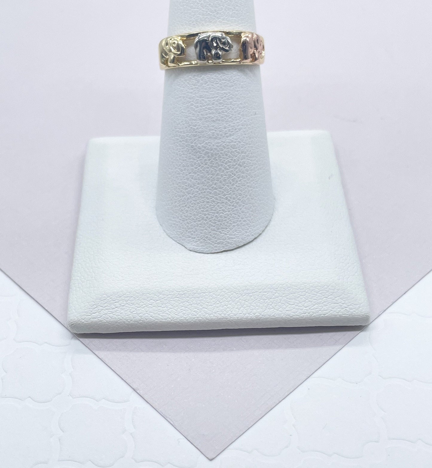 18k Gold Layered Tri-Color Elephant Rings In Gold Silver and Rose Gold Colors