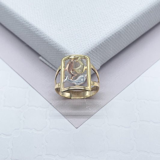 18k Gold Filled Ring With Tri-Colored Dolphins Hallowed Ring Tricolor Dolphins
