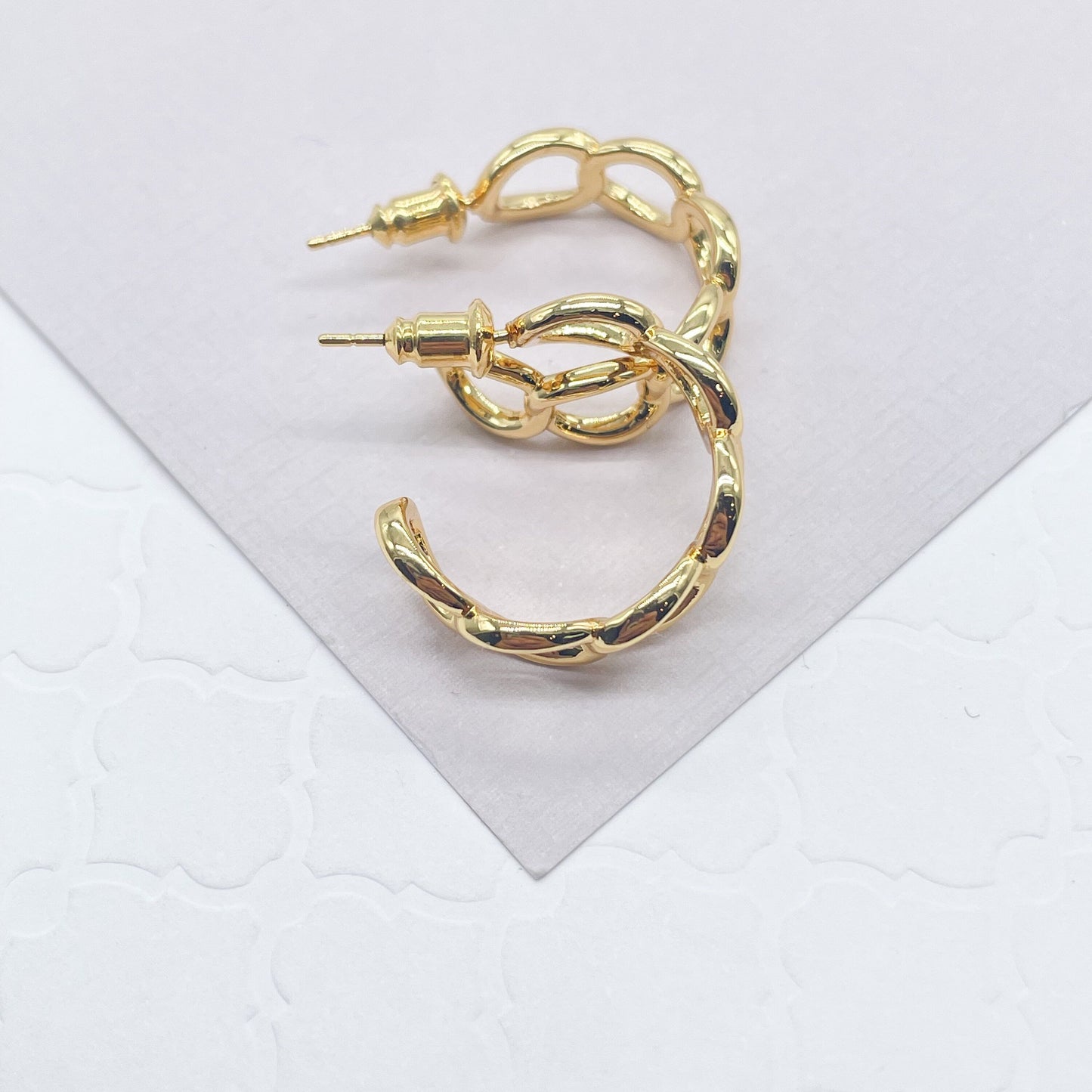 18k Gold Layered Open Hoop Link Earring, Cuban Curb Link Chain Earrings Wholesale