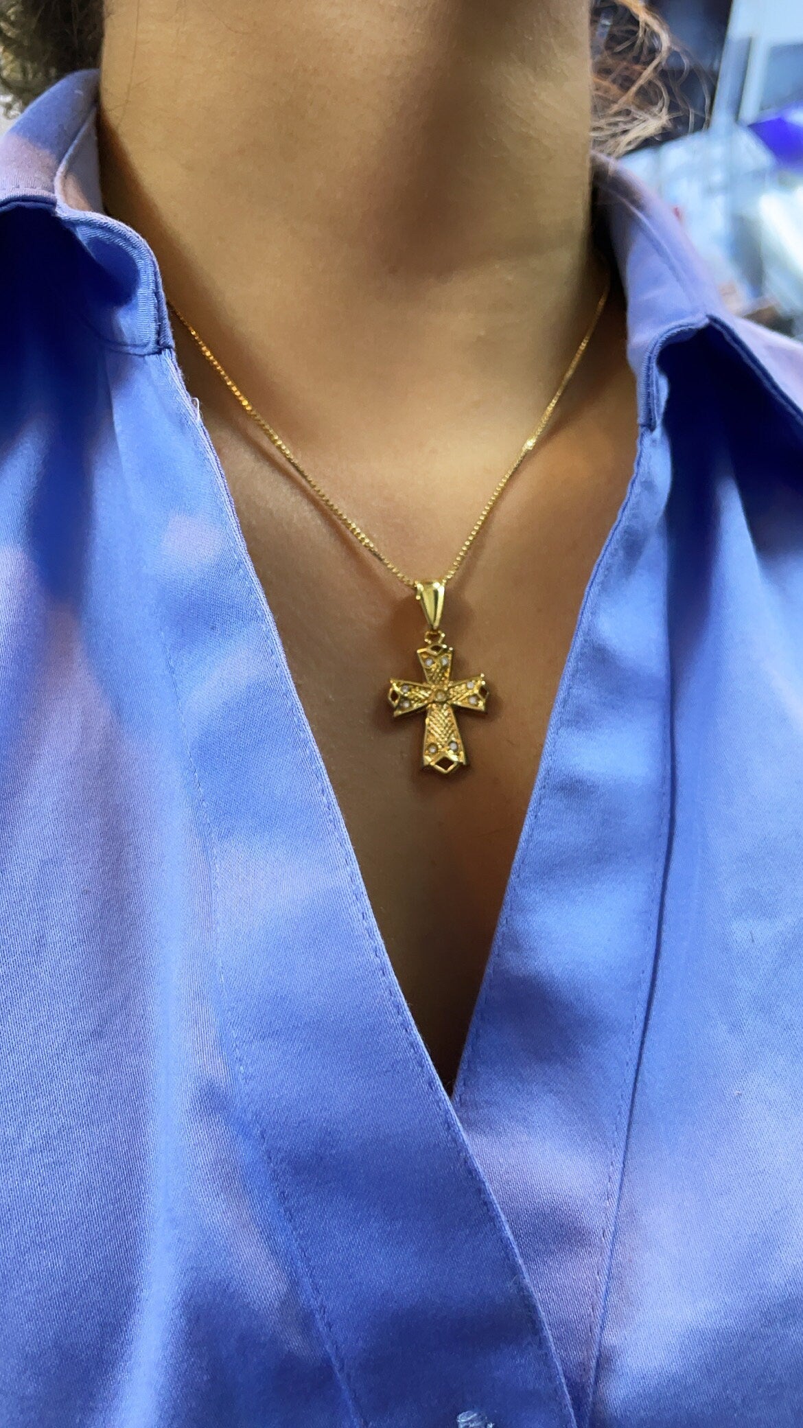 18k Gold Layered 1” Length Cross Pendant Charm with Cubic Zirconia, Religious