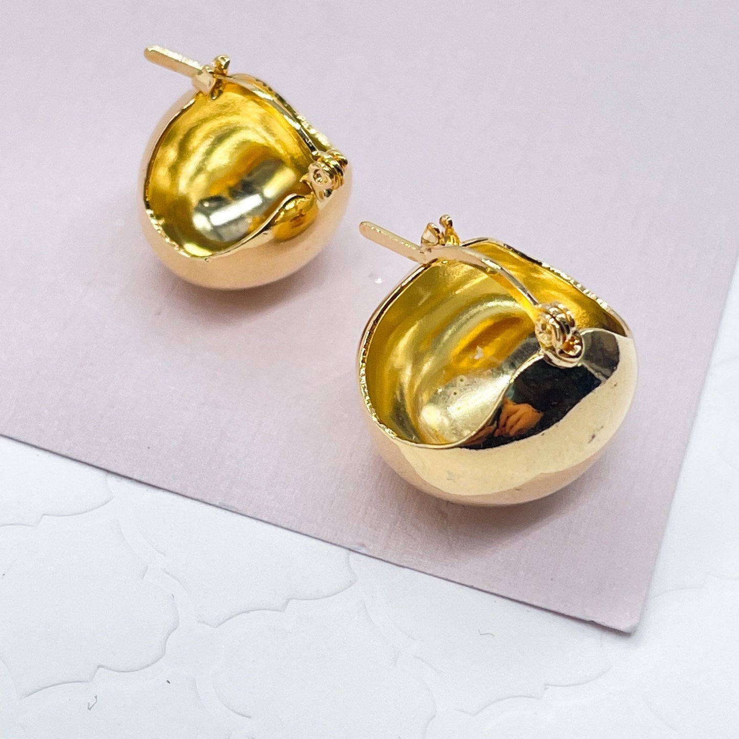 18k Gold Layered Basket Shape Hoop Earring, Concave Plain Hoop Earrings, Puffy