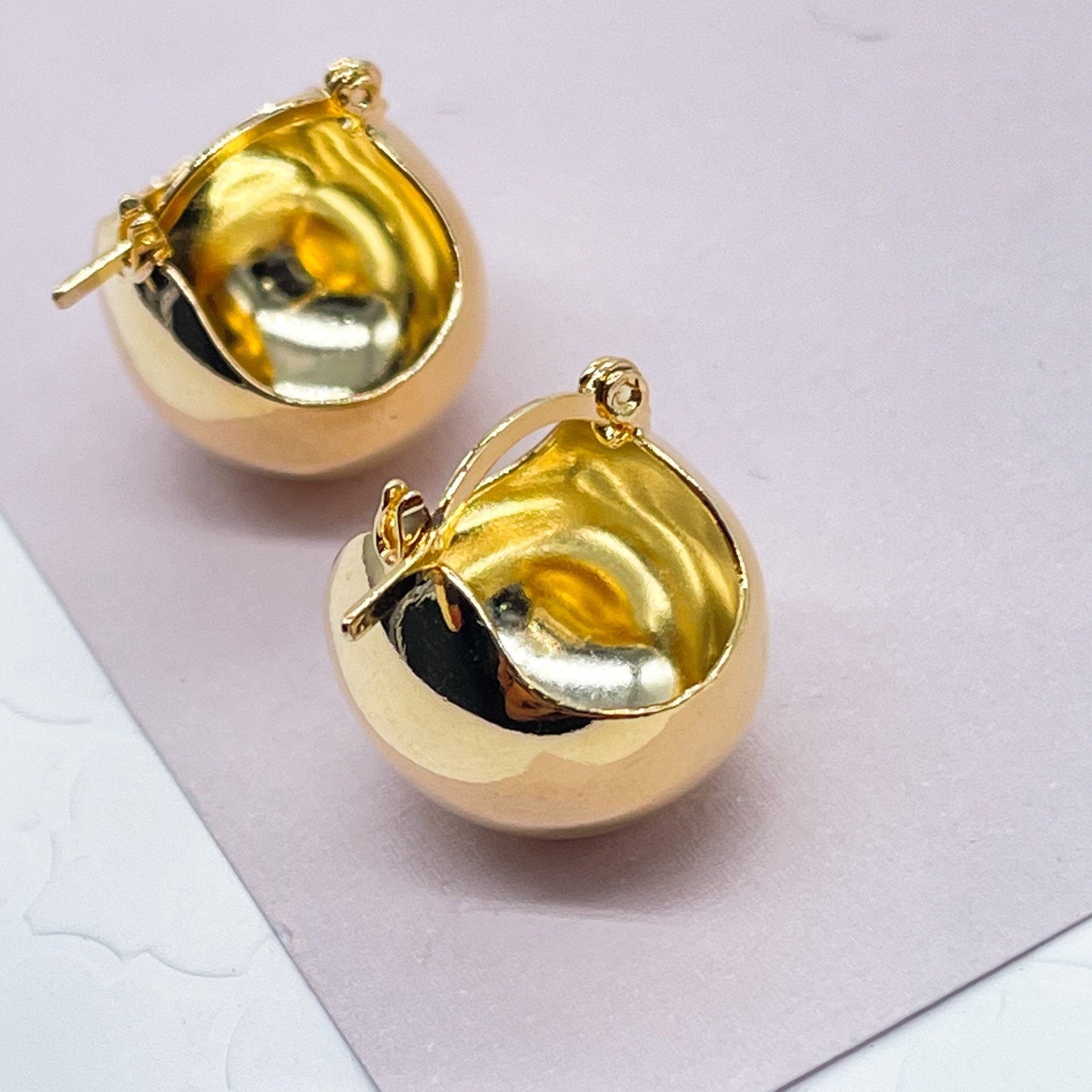 18k Gold Layered Basket Shape Hoop Earring, Concave Plain Hoop Earrings, Puffy