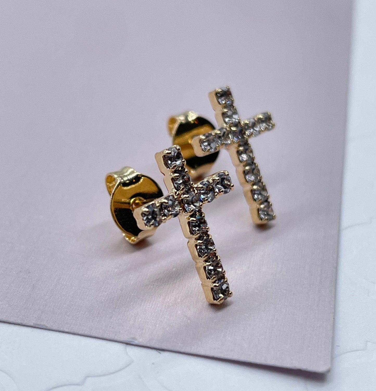 18k Gold Layered Cubic Zirconia Cross Stud Earrings