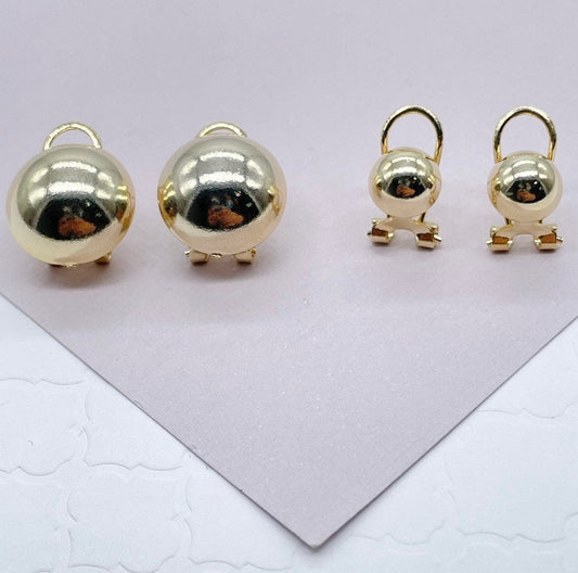 18k Gold Layered Concave Round Stud Earrings With Safe Post And Clip, Half Ball