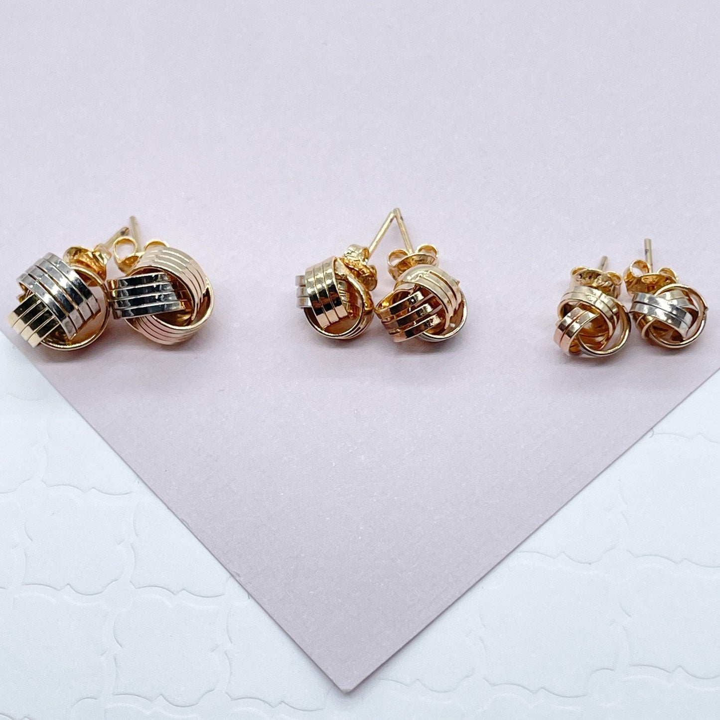 18k Gold Filled Tri Color Love Knot Stud Earrings Sizes Small, Medium And