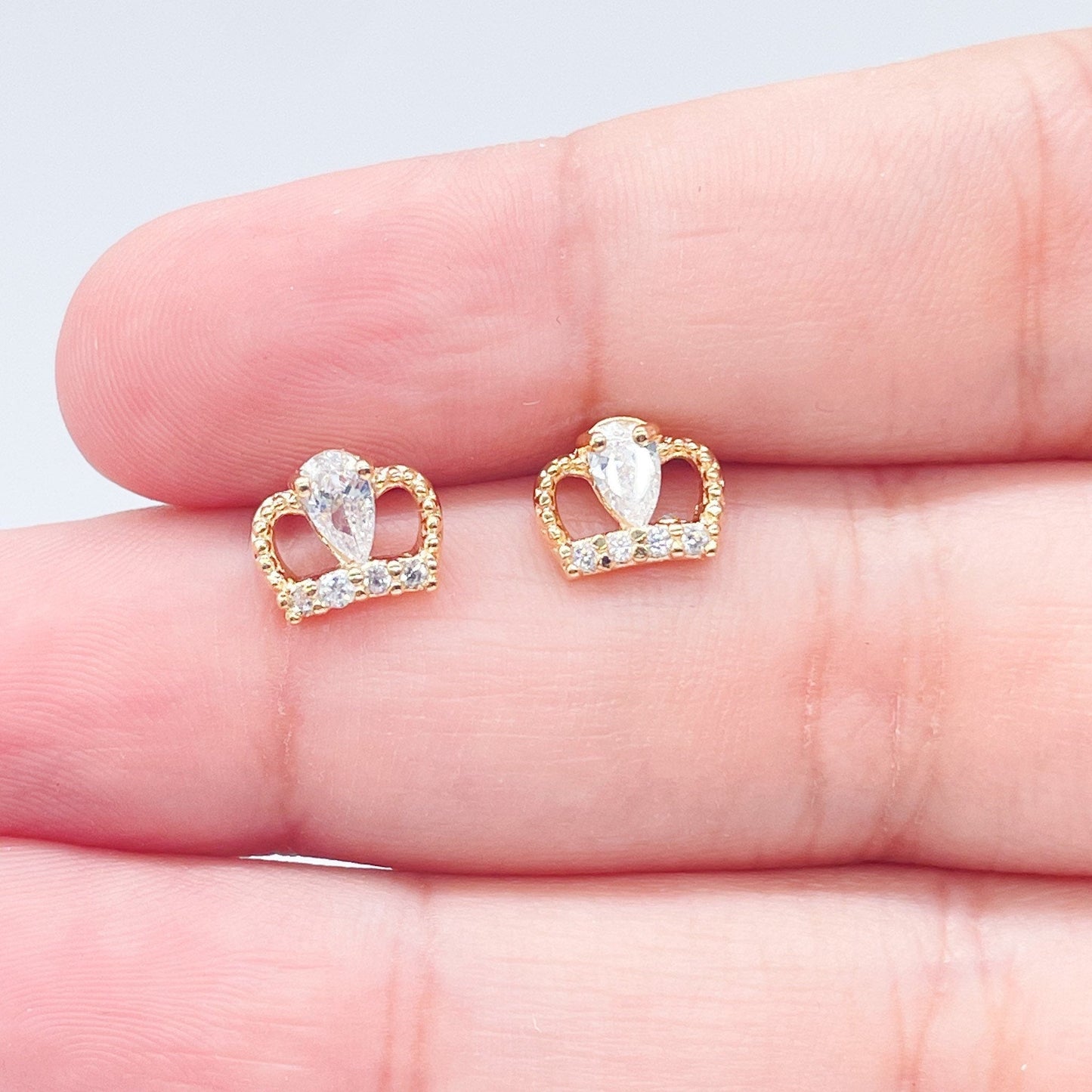 18k Gold Layered Small Crown Cubic Zirconia Stud Earrings Dainty Jewelry